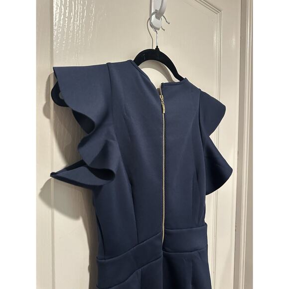 Elegant Navy Blue Ruffle Hem Sheath Dress by Venus XS - Picture 7 of 15